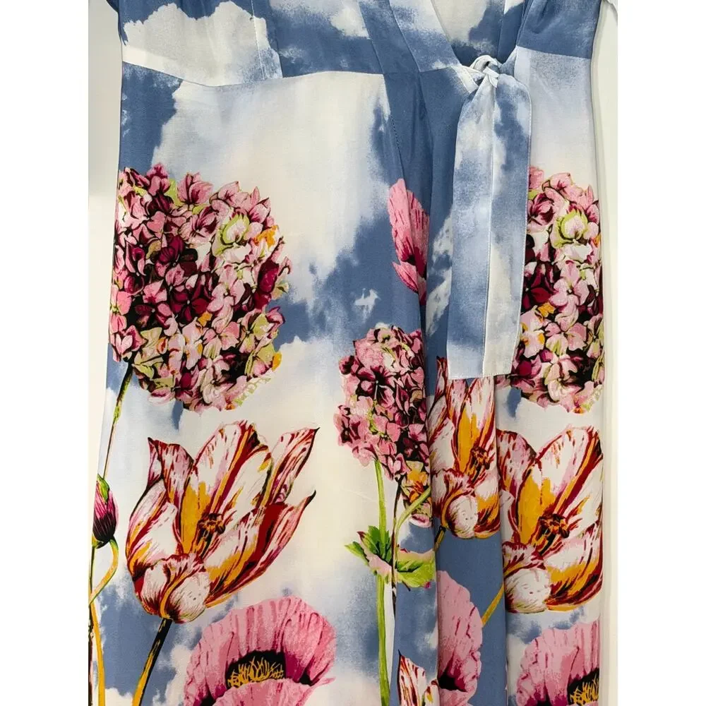 Anthropologie E by Eloise Silk Wrap Dress S Blue Sky Floral Kimono Pockets EUC